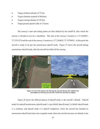 57
 Target climbout altitude of 75 feet
 Target climbout airspeed of 40 knots
 Target cruising altitude of 150 feet
 Target ground speed to idle of 13 knots
The runway’s start and ending points are then defined by the miniFCS, after which the
runway is divided in two by a rhumbline. The start of the runway’s location is (-77.2368851,
37.3353157) and the end of the runway’s location is (-77.2364655, 37.3370895). At this point the
aircraft is ready to be put into autonomous takeoff mode. Figure 27 shows the aircraft during
autonomous takeoff mode, after the aircraft has lifted off the runway.
Figure 27: GCS with Charles City Showing the Aircraft Shortly after Liftoff (Left)
and FlightGear Showing Aircraft after Liftoff from the Runway (Right)
Figure 28 shows the different phases of takeoff mode vs the aircraft’s altitude. Takeoff
mode 0 is takeoff initialization, takeoff mode 1 is pre liftoff, takeoff mode 2 is liftoff, takeoff mode
3 is climbout, and takeoff mode 4 is takeoff completion, where the aircraft has finished its
autonomous takeoff and enters into waypoint mode where the aircraft increases its altitude to the
 