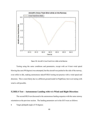 60
Figure 30: Aircraft’s Cross-Track Error while on the Runway
Testing using the same conditions and parameters, except with an 8 knot wind speed
blowing due east (90 degrees) was attempted, but the aircraft was pushed to the side of the runway,
even while in idle, making autonomous takeoff HILS testing not practice with a wind speed and
direction. This is most likely due to a different ground model in FlightGear, but in air testing with
wind is still possible.
5.2HILS Test – Autonomous Landing with w/o Wind and Right Direction:
The second HILS test discussed is the autonomous landing sequence with the same runway
orientation as the previous section. The landing parameters set in the GCS were as follows:
 Target glidepath angle of 10 degrees
 