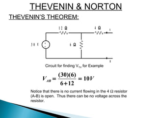 THEVENIN & NORTON
THEVENIN’S THEOREM:
1 2 Ω 4 Ω
6 Ω3 0 V +_
A
B
•
•
Circuit for finding VTH for Example
(30)(6)
10
6 12
ABV V= =
+
Notice that there is no current flowing in the 4 Ω resistor
(A-B) is open. Thus there can be no voltage across the
resistor.
 