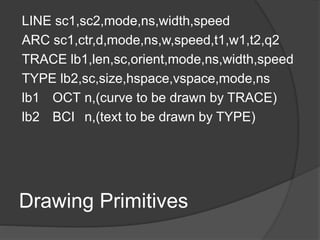 Drawing Primitives
LINE sc1,sc2,mode,ns,width,speed
ARC sc1,ctr,d,mode,ns,w,speed,t1,w1,t2,q2
TRACE lb1,len,sc,orient,mode,ns,width,speed
TYPE lb2,sc,size,hspace,vspace,mode,ns
lb1 OCT n,(curve to be drawn by TRACE)
lb2 BCI n,(text to be drawn by TYPE)
 