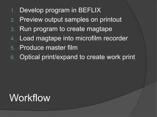 Workflow
1. Develop program in BEFLIX
2. Preview output samples on printout
3. Run program to create magtape
4. Load magtape into microfilm recorder
5. Produce master film
6. Optical print/expand to create work print
 