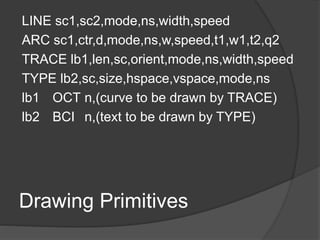 Drawing Primitives
LINE sc1,sc2,mode,ns,width,speed
ARC sc1,ctr,d,mode,ns,w,speed,t1,w1,t2,q2
TRACE lb1,len,sc,orient,mode...
