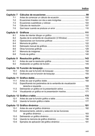 xxiii
Indice
Capítulo 7 Cálculos de ecuaciones ............................................................... 99
7-1 Antes de comenzar un cálculo de ecuación ............................................. 100
7-2 Ecuaciones lineales con dos a seis incógnitas ........................................ 101
7-3 Ecuaciones cuadráticas y cúbicas ........................................................... 104
7-4 Cálculos de resolución ............................................................................. 107
7-5 Qué hacer cuando se produce un error ................................................... 110
Capítulo 8 Gráficos ....................................................................................... 111
8-1 Antes de intentar dibujar un gráfico ......................................................... 112
8-2 Ajustes de la ventanilla de visualización (V-Window) .............................. 113
8-3 Operaciones con funciones gráficas ........................................................ 117
8-4 Memoria de gráfico .................................................................................. 122
8-5 Delineado manual de gráficos .................................................................. 123
8-6 Otras funciones gráficas .......................................................................... 128
8-7 Memoria de imágenes .............................................................................. 139
8-8 Fondo de gráfico ...................................................................................... 140
Capítulo 9 Resolución gráfica...................................................................... 143
9-1 Antes de usar la resolución gráfica .......................................................... 144
9-2 Analizando un gráfico de función ............................................................. 145
Capítulo 10 Función de bosquejo.................................................................. 153
10-1 Antes de usar la función de bosquejo ...................................................... 154
10-2 Graficando con la función de bosquejo .................................................... 155
Capítulo 11 Gráfico doble............................................................................... 167
11-1 Antes de usar el gráfico doble .................................................................. 168
11-2 Especificando los parámetros de la ventanilla de visualización
derecha e izquierda ............................................................................ 169
11-3 Delineando un gráfico en la presentación activa ..................................... 170
11-4 Visualizando un gráfico en la presentación inactiva................................. 171
Capítulo 12 Gráfico a tabla ............................................................................. 175
12-1 Antes de usar la función gráfico a tabla ................................................... 176
12-2 Usando la función gráfico a tabla ............................................................. 177
Capítulo 13 Gráfico dinámico ........................................................................ 181
13-1 Antes de usar el gráfico dinámico ............................................................ 182
13-2 Almacenamiento, edición y selección de las funciones
de gráfico dinámico ............................................................................ 183
13-3 Delineando un gráfico dinámico ............................................................... 184
13-4 Usando la memoria de gráfico dinámico .................................................. 190
13-5 Ejemplos de aplicación del gráfico dinámico ........................................... 191
 