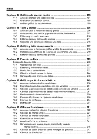 xxiv
Indice
Capítulo 14 Gráficos de sección cónica ....................................................... 193
14-1 Antes de graficar una sección cónica ...................................................... 194
14-2 Graficando una sección cónica ................................................................ 195
14-3 Análisis gráfico de sección cónica ........................................................... 199
Capítulo 15 Tabla y gráfico............................................................................. 205
15-1 Antes de usar la función de tabla y gráfico .............................................. 206
15-2 Almacenando una función y generando una tabla numérica ................... 207
15-3 Editando y borrando funciones ................................................................ 210
15-4 Editando tablas y delineando gráficos ..................................................... 211
15-5 Copiando una columna de tablas a una lista ........................................... 216
Capítulo 16 Gráfico y tabla de recurrencia ................................................... 217
16-1 Antes de usar la función de gráfico y tabla de recurrencia ...................... 218
16-2 Ingresando una fórmula de recurrencia y generando una tabla .............. 219
16-3 Editando tablas y delineando gráficos ..................................................... 223
Capítulo 17 Función de lista .......................................................................... 229
Enlazando datos de lista....................................................................................... 230
17-1 Operaciones con listas ............................................................................. 231
17-2 Editando y reordenando listas .................................................................. 233
17-3 Manipulando datos de lista ...................................................................... 237
17-4 Cálculos aritméticos usando listas ........................................................... 244
17-5 Cambiando entre archivos de listas ......................................................... 248
Capítulo 18 Gráficos y cálculos estadísticos ............................................... 249
18-1 Antes de realizar cálculos estadísticos .................................................... 250
18-2 Ejemplos de cálculos estadísticos con dos variables .............................. 251
18-3 Cálculos y gráficos de datos estadísticos con una sola variable ............. 257
18-4 Cálculos y gráficos de datos estadísticos con dos variables ................... 261
18-5 Realizando cálculos estadísticos ............................................................. 270
18-6 Pruebas (Contrastes de hipótesis estadísticas) ....................................... 276
18-7 Intervalo de confianza .............................................................................. 294
18-8 Distribución .............................................................................................. 304
Capítulo 19 Cálculos financieros................................................................... 321
19-1 Antes de realizar los cálculos financieros ................................................ 322
19-2 Cálculos de interés simple ....................................................................... 324
19-3 Cálculos de interés compuesto ................................................................ 326
19-4 Evaluación de inversiones ....................................................................... 337
19-5 Amortización de un préstamo .................................................................. 341
19-6 Conversión entre tasa de interés porcentual y tasa de
interés efectiva ................................................................................... 345
19-7 Cálculos de costo, precio de venta y margen de ganancia...................... 347
19-8 Cálculos de días/fechas ........................................................................... 349
 