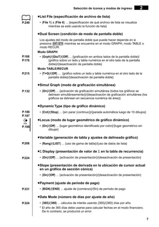 7
uuuuuList File (especificación de archivo de lista)
• {File 1} a {File 6} ... {especificación de qué archivo de lista se visualiza
mientras se está usando la función de lista}
uuuuuDual Screen (condición de modo de pantalla doble)
Los ajustes del modo de pantalla doble que puede hacer depende en si
presiona !Z mientras se encuentra en el modo GRAPH, modo TABLE o
modo RECUR.
Modo GRAPH
• {Grph}/{GtoT}/{Off} ... {graficación en ambos lados de la pantalla doble}/
{gráfico sobre un lado y tabla numérica en el otro lado de la pantalla
doble}/{desactivación de pantalla doble}
Modo TABLE/RECUR
• {T+G}/{Off} ... {gráfico sobre un lado y tabla numérica en el otro lado de la
pantalla doble}/{desactivación de pantalla doble}
uuuuuSimul Graph (modo de graficación simultánea)
• {On}/{Off} ... {activación de graficación simultánea (todos los gráficos se
delinean simultáneamente)}/{desactivación de graficación simultánea (los
gráficos se delinean en secuencia numérica de área)}
uuuuuDynamic Type (tipo de gráfico dinámico)
• {Cnt}/{Stop} ... {sin parar (continuo)}/{parada automática luego de 10 dibujos}
uuuuuLocus (modo de lugar geométrico de gráfico dinámico)
• {On}/{Off} ... {lugar geométrico identificado por color}/{lugar geométrico sin
dibujar}
uuuuuVariable (generación de tabla y ajustes de delineado gráfico)
• {Rang}/{LIST} ... {uso de gama de tabla}/{uso de datos de lista}
uuuuuΣ Display (presentación de valor de Σ en la tabla de recurrencia)
• {On}/{Off} ... {activación de presentación}/{desactivación de presentación}
uuuuuSlope (presentación de derivada en la ubicación de cursor actual
en un gráfico de sección cónica)
• {On}/{Off} ... {activación de presentación}/{desactivación de presentación}
uuuuuPayment (ajuste de período de pago)
• {BGN}/{END} ... ajuste de {comienzo}/{fin} de período de pago
uuuuuDate Mode (número de días por ajuste de año)
• {365}/{360} ... cálculos de interés usando {365}/{360} días por año.
* El año de 365 días debe usarse para calcular fechas en el modo financiero.
De lo contrario, se producirá un error.
Selección de iconos y modos de ingreso 2
P.248
P.168
P.176
P.215
P.186
P.187
P.188
P.208
P.224
P.331
P.324
P.132
CFX
 