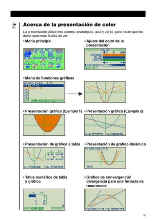 Acerca de la presentación de color
La presentación utiliza tres colores: anaranjado, azul y verde, para hacer que los
datos sean más fáciles de ver.
• Menú principal • Ajuste del color de la
presentación
• Menú de funciones gráficas
• Presentación gráfica (Ejemplo 1) • Presentación gráfica (Ejemplo 2)
• Presentación de gráfico a tabla • Presentación de gráfico dinámico
• Tabla numérica de tabla • Gráfico de convergencia/
y gráfico divergencia para una fórmula de
recurrencia
iii
CFX
 