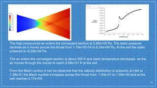 21
The high pressurized air enters the convergent section at 2.95e+05 Pa. The static pressure
declines as it moves across the throat from 1.79e+05 Pa to 6.24e+04 Pa. At the exit the static
pressure is -9.29e+04 Pa.
The air enters the convergent section at about 300 K and static temperature decreases as the
air moves through the nozzle to reach 9.98e+01 K at the exit .
From the Mach contour it can be observed that the velocity distribution is subsonic at inlet at
1.38e-01 the Mach number increases across the throat from 7.44e-01 to 1.05e+00 and at the
exit reaches 3.17e+00.
 