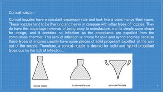 Conical nozzle: -
4
Conical nozzles have a constant expansion rate and look like a cone, hence their name.
These nozzles tend to be the long and heavy in compare with other types of nozzles. They
do have the advantage however of being easy to manufacture and its simple cone shape
for design, and it contains no inflection as the propellants are expelled from the
combustion chamber. This lack of inflection is critical for solid and hybrid engines because
these types of engines usually have some pieces of solid propellant expelled all the way
out of the nozzle. Therefore, a conical nozzle is desired for solid and hybrid propellant
types due to the lack of inflection..
 