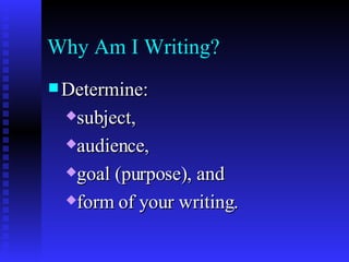 Why Am I Writing? Determine: subject,  audience,  goal (purpose), and  form of your writing. 