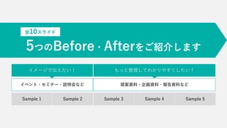 イメージで伝えたい！ もっと整理してわかりやすくしたい！
Sample 1 Sample 2 Sample 3 Sample 4 Sample 5
イベント・セミナー・説明会など 提案資料・企画資料・報告資料など
5つのBefore・Afterをご紹介します
全10スライド
 