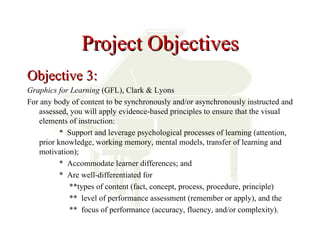 Project Objectives
Objective 3:
Graphics for Learning (GFL), Clark & Lyons
For any body of content to be synchronously and/or asynchronously instructed and
   assessed, you will apply evidence-based principles to ensure that the visual
   elements of instruction:
          * Support and leverage psychological processes of learning (attention,
   prior knowledge, working memory, mental models, transfer of learning and
   motivation);
          * Accommodate learner differences; and
          * Are well-differentiated for
             **types of content (fact, concept, process, procedure, principle)
             ** level of performance assessment (remember or apply), and the
             ** focus of performance (accuracy, fluency, and/or complexity).
 