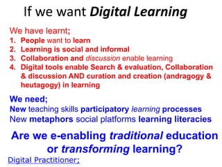 The problem with xMOOCs
1. xMOOCs ignore everything learnt about learning
2. xMOOCs return the Technology-Enhanced
Learning debate back to technology-push
3. xMOOCsare about 19th Century institutions
crowding out debate about 21stC learning
4. That debate is driven by people who do not
know how to teach nor what learning is
5. xMOOCsare about using the values of the credit
crunch to create an education crunch
Building Democractic Learning

 