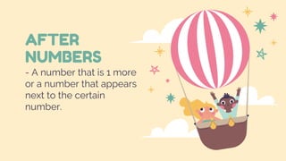AFTER
NUMBERS
- A number that is 1 more
or a number that appears
next to the certain
number.
 