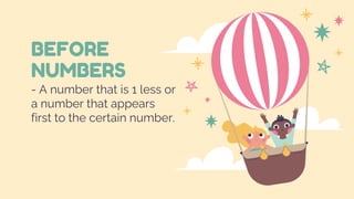 BEFORE
NUMBERS
- A number that is 1 less or
a number that appears
first to the certain number.
 
