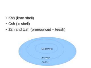 ●   Ksh (korn shell)
●   Csh ( c shell)
●   Zsh and tcsh (pronounced – teesh)




                       HARDWARE



                       KERNEL

                       SHELL
 