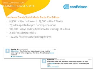 CRISIS COMMUNICATIONS 
EXAMPLE: 
ConEd 
& 
MTA 
Hurricane Sandy Social Media Facts: Con Edison 
• 6,500 Twitter Followers to 23,000 within 2 Weeks 
• 25 videos posted on pre-Sandy preparation 
• 100,000+ views and multiple broadcast airings of videos 
• 2500 Press Release RTs 
• 140,000 Flickr restoration image views 
 