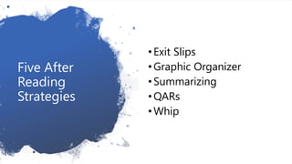 Five After
Reading
Strategies
•Exit Slips
•Graphic Organizer
•Summarizing
•QARs
•Whip
 