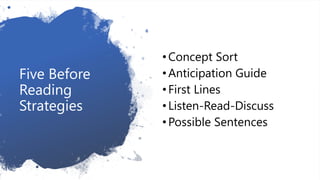 Five Before
Reading
Strategies
•Concept Sort
•Anticipation Guide
•First Lines
•Listen-Read-Discuss
•Possible Sentences
 