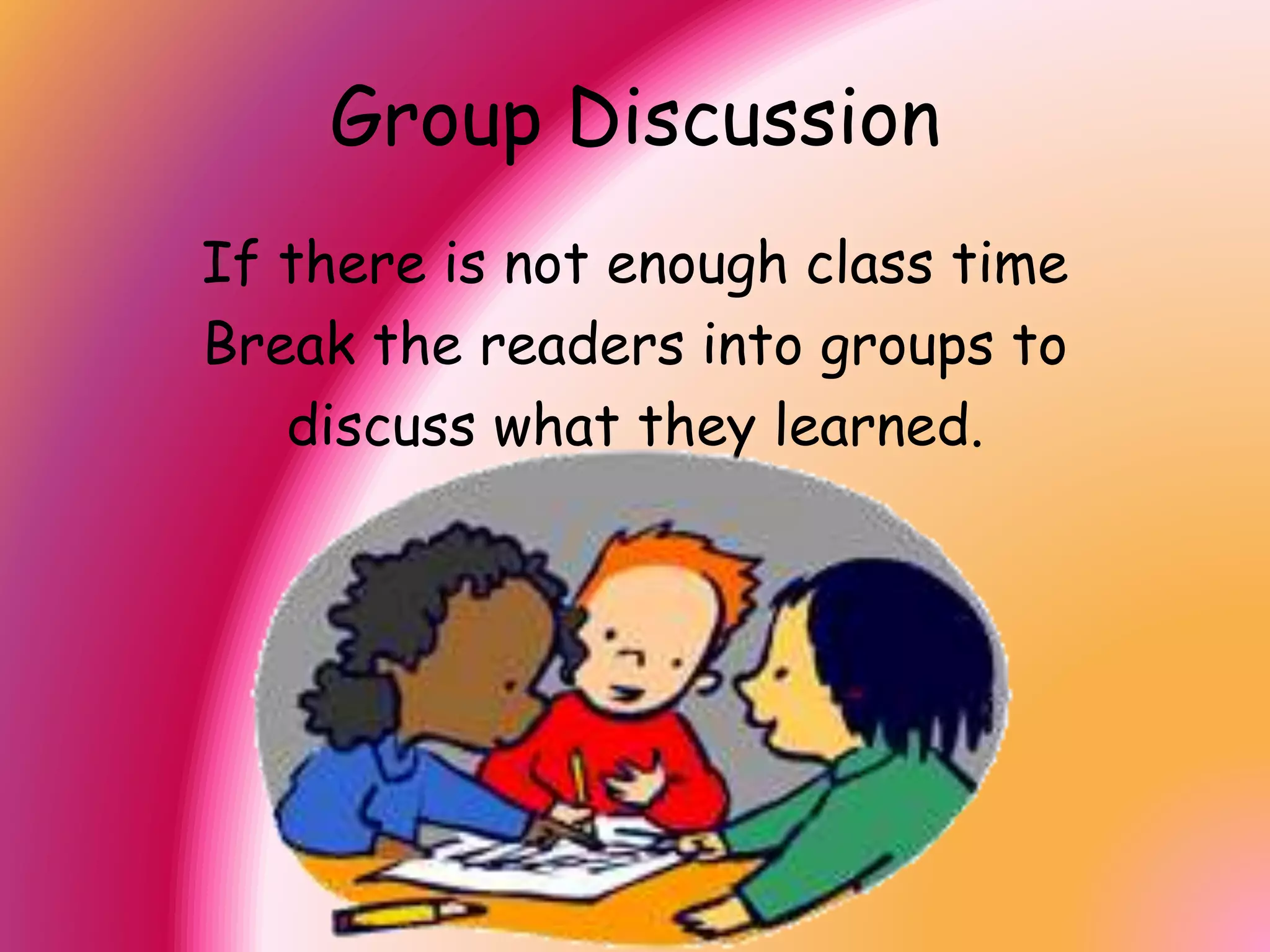 After Reading
1. Exit Slip
2. Oral Report
3. Group Discussion
4. Outline
5. Reread
 