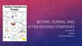 BEFORE, DURING, AND
AFTER READING STRATEGIES
JENA WEBSTER
RED4348
CRITICAL ASSIGNMENT #2
 
