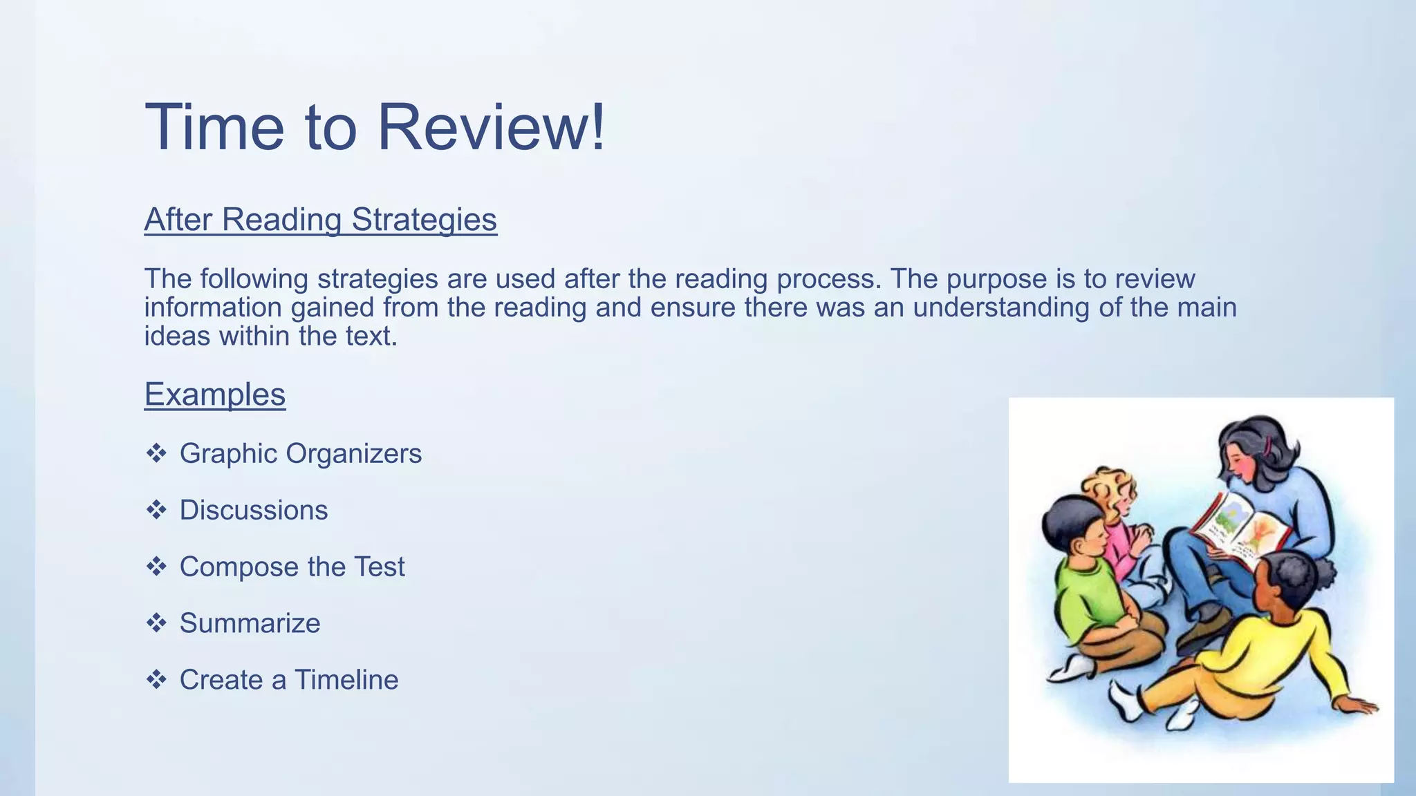 Time to Review!
After Reading Strategies
The following strategies are used after the reading process. The purpose is to review
information gained from the reading and ensure there was an understanding of the main
ideas within the text.
Examples
 Graphic Organizers
 Discussions
 Compose the Test
 Summarize
 Create a Timeline
 