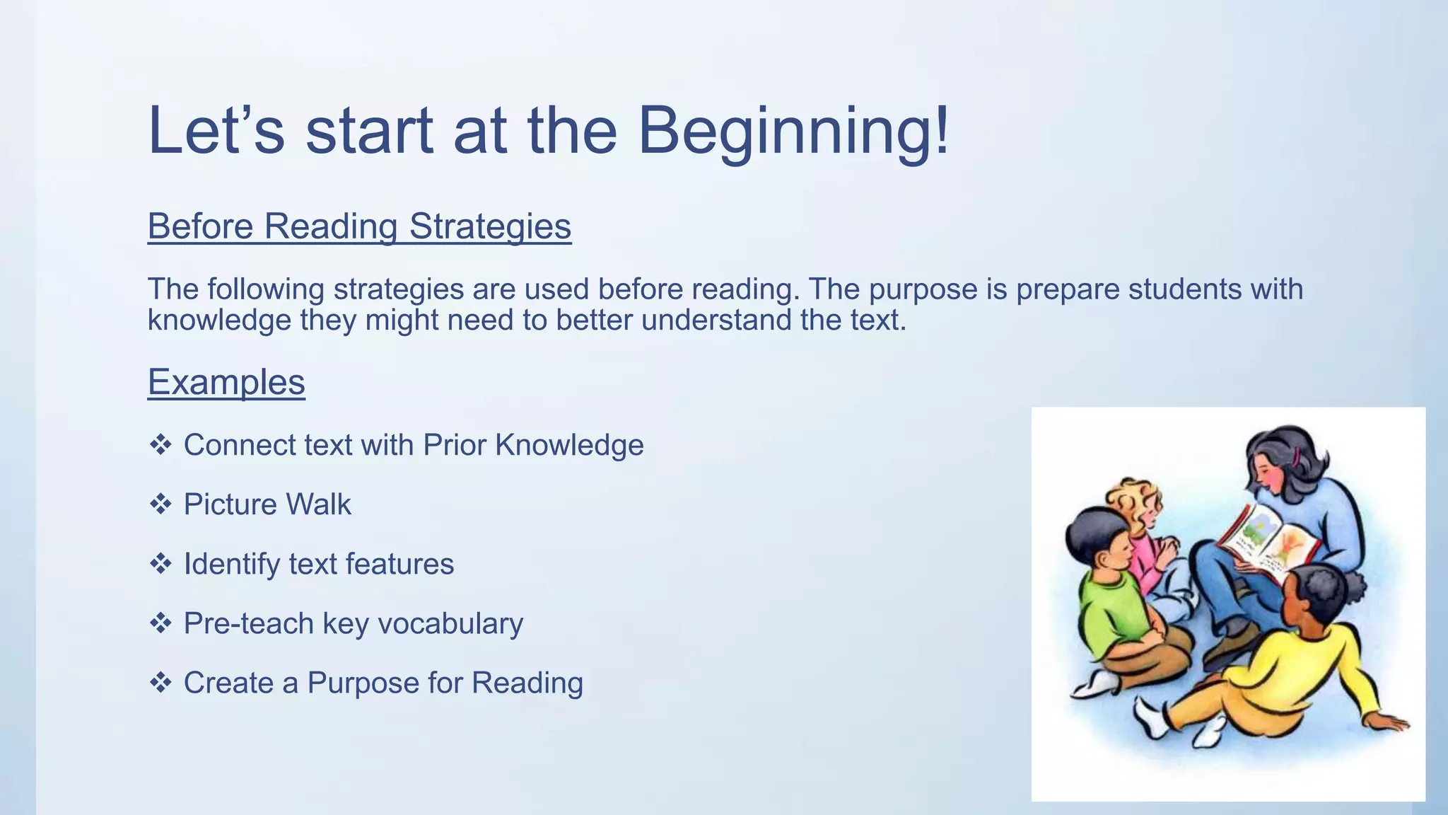 Let’s start at the Beginning!
Before Reading Strategies
The following strategies are used before reading. The purpose is prepare students with
knowledge they might need to better understand the text.
Examples
 Connect text with Prior Knowledge
 Picture Walk
 Identify text features
 Pre-teach key vocabulary
 Create a Purpose for Reading
 