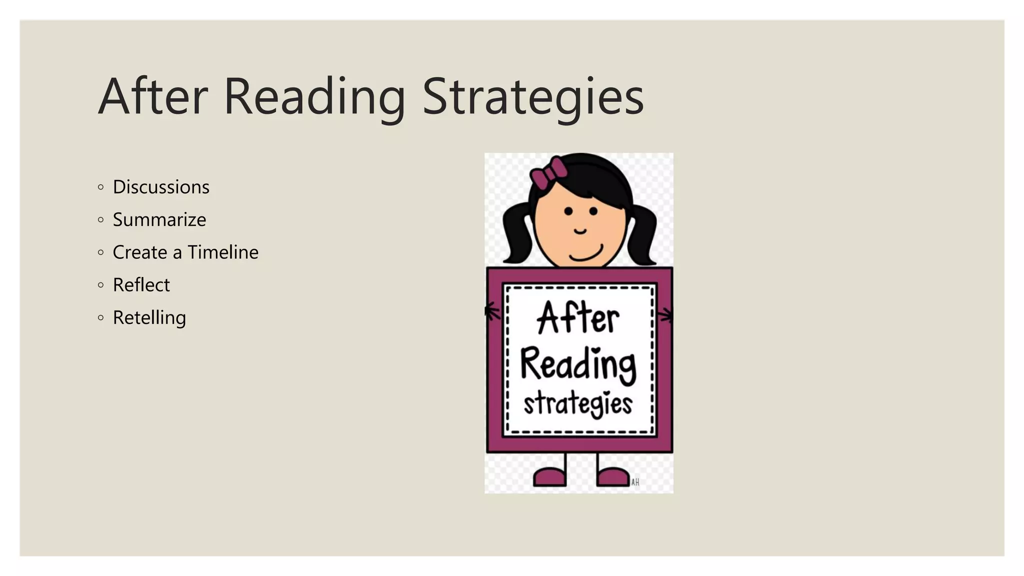 After Reading Strategies
◦ Discussions
◦ Summarize
◦ Create a Timeline
◦ Reflect
◦ Retelling
 