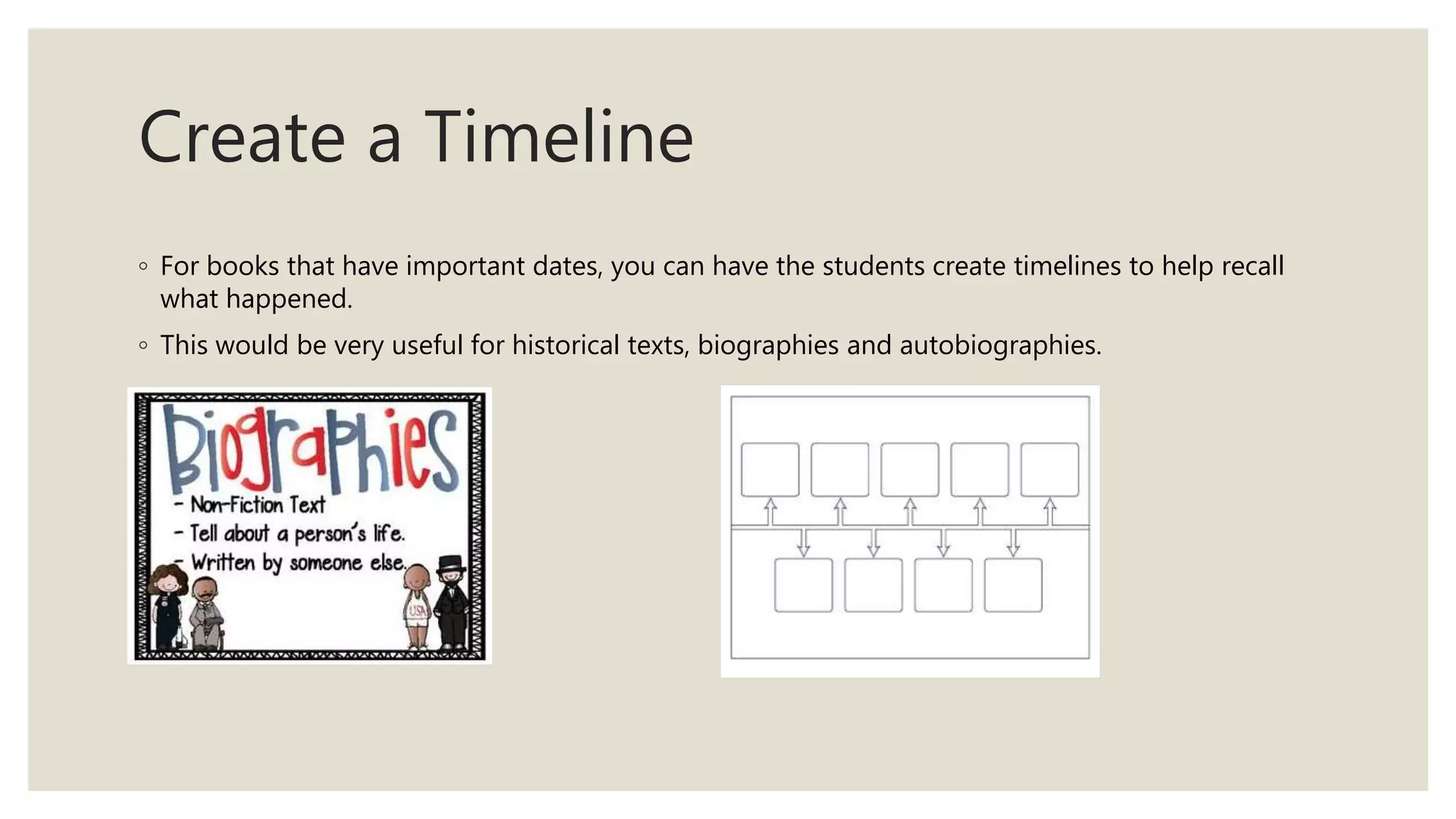 Create a Timeline
◦ For books that have important dates, you can have the students create timelines to help recall
what happened.
◦ This would be very useful for historical texts, biographies and autobiographies.
 