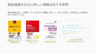 資金調達を考えるときには以下の 3 つを考えるとよいと言える。
• 本当に資金が必要な事業なのか
• 調達を素早く終わらせるための Ramen Profitable な状況か
• 結婚相手のように付き合える投資家は周りにいるのか
世界を変えたいと思っているのなら、ほとんどの場合スタートアップに急成長は必要と
なってくる。皆さんの資金調達がうまくいくことを願っています。
37
資金調達の入門以前
 