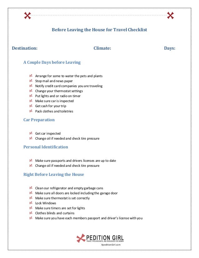 before leaving the house for travel checklist by xpedition girl