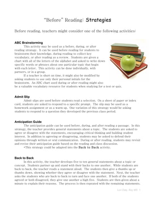 “Before” Reading: Strategies

Before reading, teachers might consider one of the following activities:


ABC Brainstorming
       This activity may be used as a before, during, or after
reading strategy. It can be used before reading for students to
brainstorm their knowledge, during reading to collect key
vocabulary, or after reading as a review. Students are given a
chart with all of the letters of the alphabet and asked to write down
specific words or phrases about one particular topic that begin
with each letter. This activity can be done individually, with
partners, or in a group.
       If a teacher is short on time, it might also be modified by
asking students to use only their personal initials for the
brainstorm. An ABC chart used during or after reading might also
be a valuable vocabulary resource for students when studying for a test or quiz.


Admit Slip
       Admit slips are used before students read a selection. On a sheet of paper or index
card, students are asked to respond to a specific prompt. The slip may be used as a
homework assignment or as a warm up. One variation of this strategy would be asking
students to respond to a question they developed the previous class period.


Anticipation Guide
       The anticipation guide can be used before, during, and after reading a passage. In this
strategy, the teacher provides general statements about a topic. The students are asked to
agree or disagree with the statements, encouraging critical thinking and building student
interest. In addition to agreeing or disagreeing, students may be asked to defend their
opinions through written or oral communication. During or after reading, students may revisit
and revise their anticipation guide based on the reading and class discussion.
       *This strategy could be adapted into the Back to Back activity.


Back to Back
       In this activity, the teacher develops five to ten general statements about a topic or
concept. Students partner up and stand with their backs to one another. While students are
back to back, the teacher reads a statement aloud. The students then give a thumbs up or
thumbs down, showing whether they agree or disagree with the statement. Next, the teacher
asks the students who are back to back to turn and face one another. If both of the students
agreed or both disagreed, they give one another a high five. Students are then given about a
minute to explain their reasons. The process is then repeated with the remaining statements.

                                                                            Lori Daly, Key MS 1
 