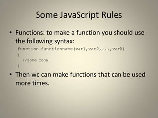 Some JavaScript RulesComments: is most like in C#.// for the single row comment./* for the multiline comments…………………………………………………..…………………………………….. */Variables: Case sensitive.Defined using varkeyword.Example : var name = “mohamed”;