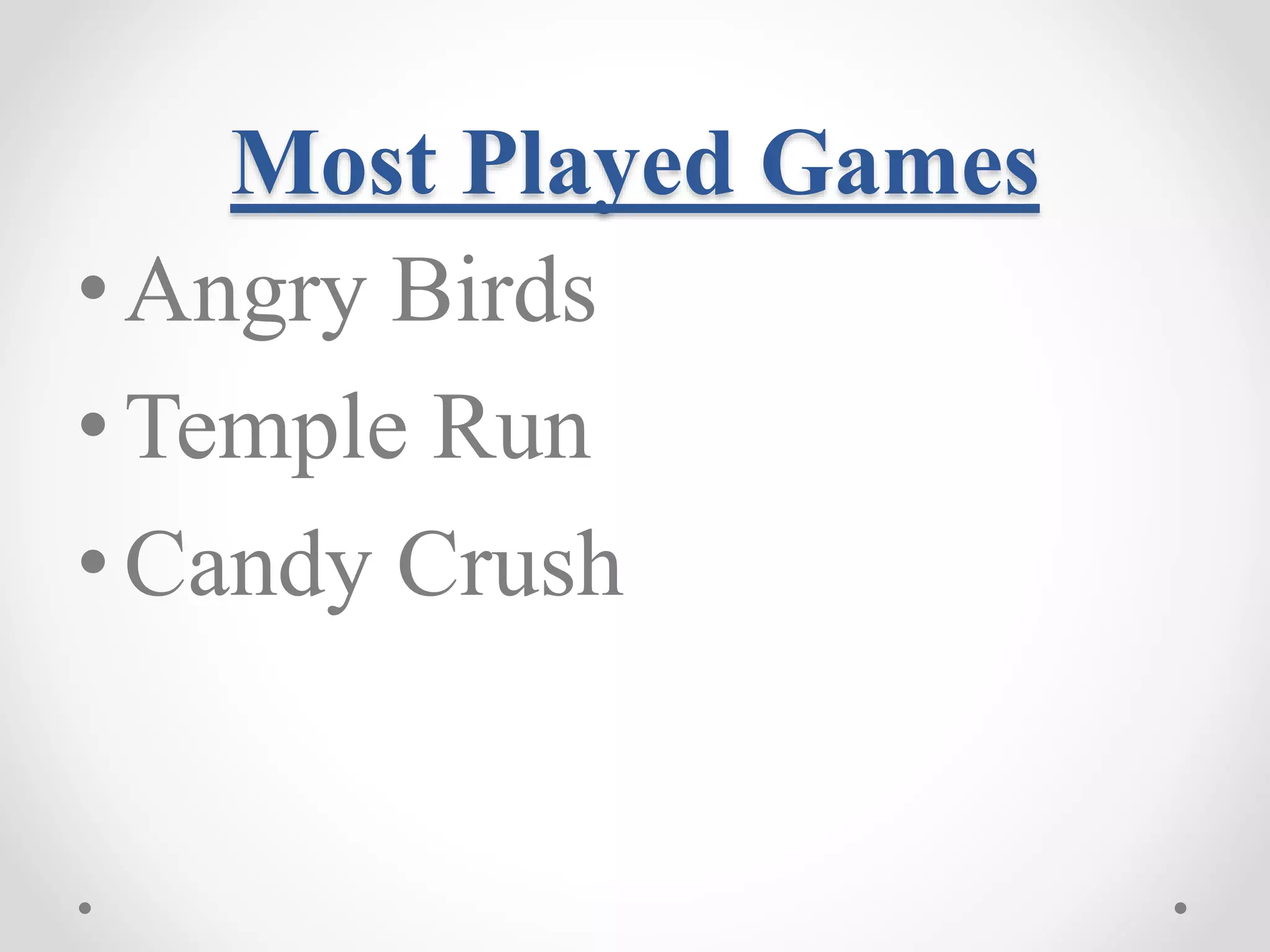 Most Played Games • Angry Birds •Temple Run • Candy Crush 