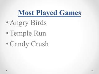Most Played Games 
• Angry Birds 
•Temple Run 
• Candy Crush 
 