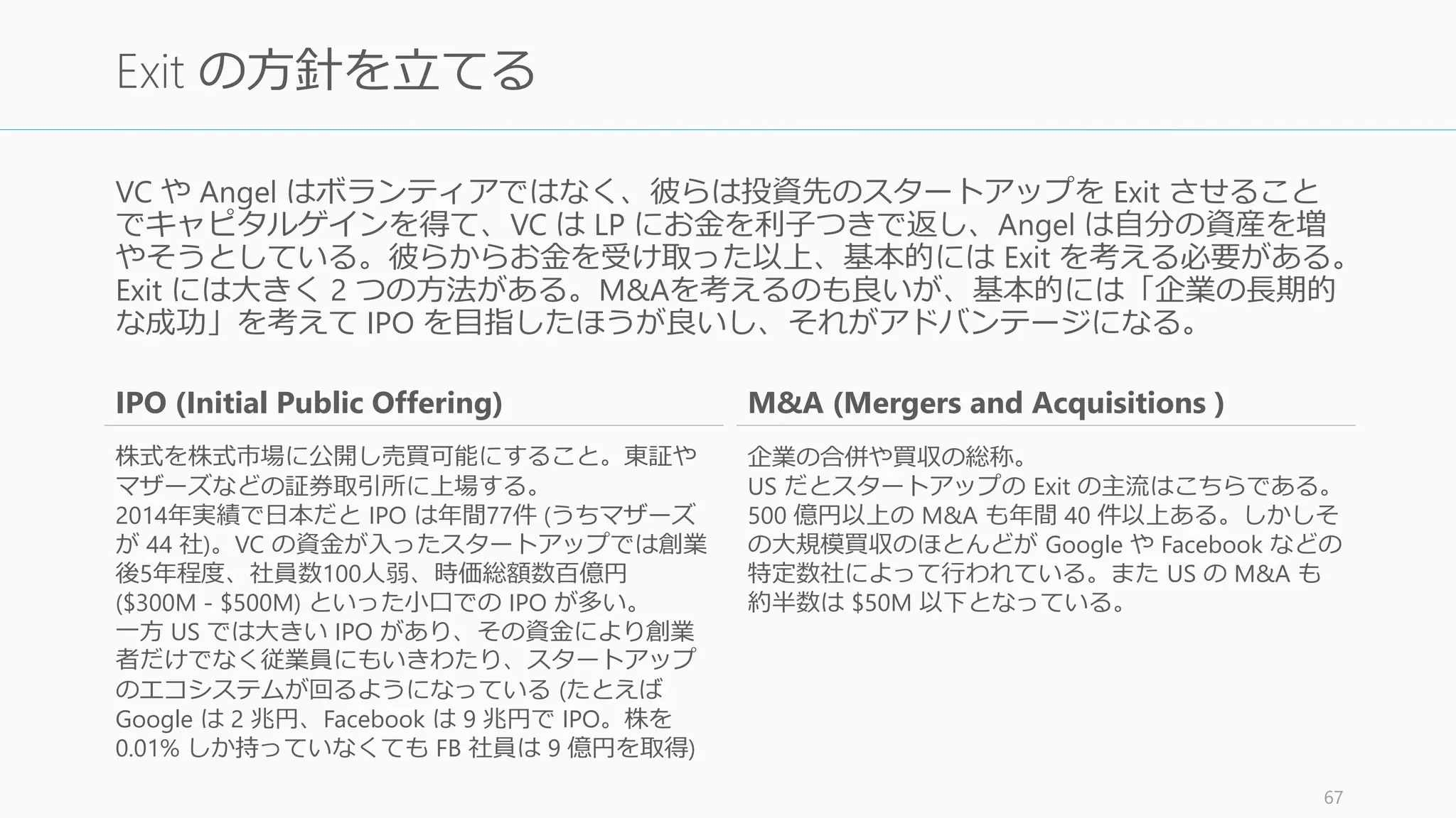 資金調達の最適化は困難だ
• 起業家は資金調達の専門家ではないし、そうなるべきではない（その時間があれば
プロダクトを作るか顧客の声を聞こう）
大きな VC ほど大きな額を運用して大きなリターンを求めるので大きく投資しがち。名声
があっても、金額が合わなければお断りしよう
• 小さい額でよければ VC より Angel やアクセラレーターのほうが最適な場合がある。
適切なサイズの投資家を選ぶこと
• 特に大きな VC が Seed funding をしたときには支援する仕組みがないときがある
スタートアップはオールオアナッシングだ
• スタートアップの調達が少しうまくいったからと言って、スタートアップはそもそ
も大成功するか失敗するかのどちらかなので、30% いい契約が取れたからと言って
誰も気にしない。それより早く仕事に戻って成功のために進んだほうが良い。
68
押さえておくべき事項
 