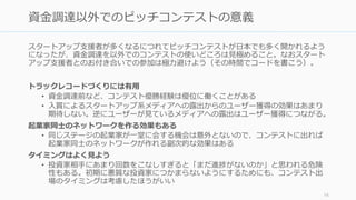 ピッチは目立つが故に起業家の代名詞のように思える。ただ、ピッチをするよりももっと
良い方法がある場合のほうが多い。ピッチをすべきなのはほぼ資金調達のみと言える。
14
ピッチは資金調達に有効だが、他にはあまり適さない
ピッチの目的 Target Action Actual Better な案
アイデアの検証 VC、ユー
ザー
フィードバッ
ク
あり、だけど 1:1 のときのみ。1:nの
場合はフィードバックをもらいにく
いので効率が悪い。
ピッチより会話で深いフィードバッ
クをもらう（ただし聞く相手によっ
て求めるべきものは違う。VC なら
MBA-like な回答、等）
資金調達 VC 次のミーティ
ングの機会
あり。特に資金調達の際はピッチや
事業計画書がほぼ必須となる
特になし
PR メディア メディアから
の顧客獲得
メディアでの露出は基本的にあまり
顧客獲得につながらない
別の顧客獲得案を実施するか、もっ
と別の目的でメディアと付き合う
採用 メディア、来
場者
採用応募 不特定多数からの採用は失敗するこ
とが多い（特に初期）
自分や社員の知り合いから探す
ユーザー獲得 ユーザー 商品の購買 ユーザーとなる層が来るのであれば
あり
ユーザーのところに直接行く（深い
フィードバックも得られる）
パートナー獲得 パートナー パートナー候
補からの連絡
スタートアップの場合、広くパート
ナー募集してもあまり響かない
人からの紹介や関連展示会などでの
アプローチ
 