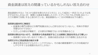 VC から支援を受けたスタートアップですら
75%が失敗する
failure defined as return on investment
Why Companies Fail--and How Their Founders Can Bounce Back (http://hbswk.hbs.edu/item/6591.html)
23
 