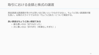 投資家と交渉するときには、「期待値」の高い投資家を重視しながら、できるだけ多くの
投資家と交渉する。期待値の計算は
期待値 = 投資家が Yes という可能性 × Yes といった場合の金額
である。多額で著名な投資家から融資を取り付けるのが困難な場合、期待値は下がる。
期待値に基づいた交渉は、期待値の評価に厳格でありつづけられれば、以下の点で有用。
• 複数と交渉することにより、より良い投資条件を引き出すことができる
• 並行して行うことで時間の節約になる。一人と交渉してダメなら次の一人…とはしない
こと。資金調達はマラソンではなくスプリントである
• メールの返事が遅い投資家やミーティングを要求する投資家に時間を割かなくなり、無
駄な関わり合いを持つ可能性を最小限にしてくれる
http://paulgraham.com/fr.html 61
期待値を計算して、並行して複数の投資家と交渉する
 