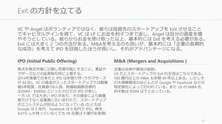 資金調達の最適化は困難だ
• 起業家は資金調達の専門家ではないし、そうなるべきではない（その時間があれば
プロダクトを作るか顧客の声を聞こう）
大きな VC ほど大きな額を運用して大きなリターンを求めるので大きく投資しがち。名声
があっても、金額が合わなければお断りしよう
• 小さい額でよければ VC より Angel やアクセラレーターのほうが最適な場合がある。
適切なサイズの投資家を選ぶこと
• 特に大きな VC が Seed funding をしたときには支援する仕組みがないときがある
スタートアップはオールオアナッシングだ
• スタートアップの調達が少しうまくいったからと言って、スタートアップはそもそ
も大成功するか失敗するかのどちらかなので、30% いい契約が取れたからと言って
誰も気にしない。それより早く仕事に戻って成功のために進んだほうが良い。
68
押さえておくべき事項
 