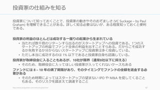 資金調達の目標額を低く見積もるよう心掛ける。たとえば 50 万ドル集めたいときには、
最初の目標を 25 万ドルに設定したほうが良い。そうすれば、15万ドル調達した時点で、
目標の半分以上を達成していることになる。この状態が作れれば以下のメリットがある。
• あなたが資金調達をうまく行っている
• 資金の受け入れスペースが少なくなっているので、投資家は早急に決断する必要がある
実際には 25 万ドル以上を受け入れても良い。実際、一度達成するとさらに資金が集まっ
てくる可能性が高い。オファーがあれば、その時点で受け入れるかどうかを決めればいい
（あなたには複数のプランがあるはずだ）。低い目標額から始めるデメリットはほとんど
ないと言っていい。
逆に高く見積もってしまうと、少し時間がかかっただけで資金調達が失敗していると思わ
れ、さらに達成しないと「傷物」と見做される傾向にある。
http://paulgraham.com/fundraising.html 88
調達額を低く見積もるメリット
 