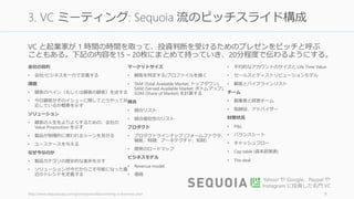 投資家の心をつかむピッチにはいくつかの心得がある。ユーザー向けとは違い、自社のビ
ジネスが何をしているのか、そしてその成長性について語る。
9
ピッチの心得
Paul Graham の心得
• 何をしているのか説明する
• 素早くデモに持っていく
• 曖昧なものよりも絞ったもののほうがいい
• コンピュータを使いながら喋るな
• 副次的な話はしない
• ビジネスモデルに深入りしない
• ゆっくりと明快に話す
• 話すのは一人
• 堂々とする
• 自分を実際以上によく見せない
• スライドに多すぎる文字を載せない
• 具体的な数字が良い
• 顧客に関するストーリを語れ
• 投資家の頭に残ることを言え
How to Present to Investors
Dave McClure の心得
• ソリューションではなく課題について話す
• テクノロジでなく顧客について話す
• コードではなく UX について話す
• PR ではなく Distribution について話す
• 収益計画ではなく Acquisition Cost について話す
 