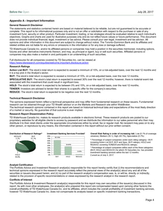 Before the Open July 28, 2017
Page 4
Appendix A - Important Information
General Research Disclaimer
The statements and statistics contained herein are based on material believed to be reliable, but are not guaranteed to be accurate or
complete. This report is for informational purposes only and is not an offer or solicitation with respect to the purchase or sale of any
investment fund, security or other product. Particular investment, trading, or tax strategies should be evaluated relative to each individual’s
objectives. Graphs and charts are used for illustrative purposes only and do not reflect future values or future performance. This document
does not provide individual financial, legal, investment or tax advice. Please consult your own legal, investment and tax advisor. All
opinions and other information in this document are subject to change without notice. The Toronto-Dominion Bank and its affiliates and
related entities are not liable for any errors or omissions in the information or for any loss or damage suffered.
TD Waterhouse Canada Inc. and/or its affiliated persons or companies may hold a position in the securities mentioned, including options,
futures and other derivative instruments thereon, and may, as principal or agent, buy or sell such securities. Affiliated persons or
companies may also make a market in and participate in an underwriting of such securities.
Full disclosures for all companies covered by TD Securities Inc. can be viewed at
https://www.tdsresearch.com/equities/welcome.important.disclosure.action
Research Ratings
Action List BUY: The stock’s total return is expected to exceed a minimum of 15%, on a risk-adjusted basis, over the next 12 months and
it is a top pick in the Analyst’s sector.
BUY: The stock’s total return is expected to exceed a minimum of 15%, on a risk-adjusted basis, over the next 12 months.
SPECULATIVE BUY: The stock’s total return is expected to exceed 30% over the next 12 months; however, there is material event risk
associated with the investment that could result in significant loss.
HOLD: The stock’s total return is expected to be between 0% and 15%, on a risk-adjusted basis, over the next 12 months.
TENDER: Investors are advised to tender their shares to a specific offer for the company’s securities.
REDUCE: The stock’s total return is expected to be negative over the next 12 months.
Technical Research Disclaimer
The opinions expressed herein reflect a technical perspective and may differ from fundamental research on these issuers. Fundamental
research can be obtained through your TD Wealth advisor or on the Markets and Research site within WebBroker.
The technical research opinions contained in this report are based on historical technical data and expectations of the most likely direction
of a market or security. No guarantee of that outcome is ever implied.
Research Report Dissemination Policy
TD Waterhouse Canada Inc. makes its research products available in electronic format. These research products are posted to our
proprietary websites for all eligible clients to access by password and we distribute the information to our sales personnel who then may
distribute it to their retail clients under the appropriate circumstances either by email, fax or regular mail. No recipient may pass on to any
other person, or reproduce by any means, the information contained in this report without our prior written consent.
Analyst Certification
The Portfolio Advice and Investment Research analyst(s) responsible for this report hereby certify that (i) the recommendations and
technical opinions expressed in the research report accurately reflect the personal views of the analyst(s) about any and all of the
securities or issuers discussed herein, and (ii) no part of the research analyst’s compensation was, is, or will be, directly or indirectly,
related to the provision of specific recommendations or views expressed by the research analyst in the research report.
Conflicts of Interest
The Portfolio Advice & Investment Research analyst(s) responsible for this report may own securities of the issuer(s) discussed in this
report. As with most other employees, the analyst(s) who prepared this report are compensated based upon (among other factors) the
overall profitability of TD Waterhouse Canada Inc. and its affiliates, which includes the overall profitability of investment banking services,
however TD Waterhouse Canada Inc. does not compensate its analysts based on specific investment banking transactions.
 