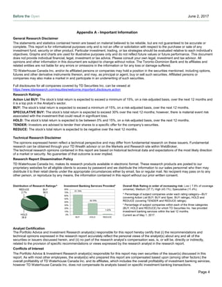 Before the Open June 2, 2017
Page 4
Appendix A - Important Information
General Research Disclaimer
The statements and statistics contained herein are based on material believed to be reliable, but are not guaranteed to be accurate or
complete. This report is for informational purposes only and is not an offer or solicitation with respect to the purchase or sale of any
investment fund, security or other product. Particular investment, trading, or tax strategies should be evaluated relative to each individual’s
objectives. Graphs and charts are used for illustrative purposes only and do not reflect future values or future performance. This document
does not provide individual financial, legal, investment or tax advice. Please consult your own legal, investment and tax advisor. All
opinions and other information in this document are subject to change without notice. The Toronto-Dominion Bank and its affiliates and
related entities are not liable for any errors or omissions in the information or for any loss or damage suffered.
TD Waterhouse Canada Inc. and/or its affiliated persons or companies may hold a position in the securities mentioned, including options,
futures and other derivative instruments thereon, and may, as principal or agent, buy or sell such securities. Affiliated persons or
companies may also make a market in and participate in an underwriting of such securities.
Full disclosures for all companies covered by TD Securities Inc. can be viewed at
https://www.tdsresearch.com/equities/welcome.important.disclosure.action
Research Ratings
Action List BUY: The stock’s total return is expected to exceed a minimum of 15%, on a risk-adjusted basis, over the next 12 months and
it is a top pick in the Analyst’s sector.
BUY: The stock’s total return is expected to exceed a minimum of 15%, on a risk-adjusted basis, over the next 12 months.
SPECULATIVE BUY: The stock’s total return is expected to exceed 30% over the next 12 months; however, there is material event risk
associated with the investment that could result in significant loss.
HOLD: The stock’s total return is expected to be between 0% and 15%, on a risk-adjusted basis, over the next 12 months.
TENDER: Investors are advised to tender their shares to a specific offer for the company’s securities.
REDUCE: The stock’s total return is expected to be negative over the next 12 months.
Technical Research Disclaimer
The opinions expressed herein reflect a technical perspective and may differ from fundamental research on these issuers. Fundamental
research can be obtained through your TD Wealth advisor or on the Markets and Research site within WebBroker.
The technical research opinions contained in this report are based on historical technical data and expectations of the most likely direction
of a market or security. No guarantee of that outcome is ever implied.
Research Report Dissemination Policy
TD Waterhouse Canada Inc. makes its research products available in electronic format. These research products are posted to our
proprietary websites for all eligible clients to access by password and we distribute the information to our sales personnel who then may
distribute it to their retail clients under the appropriate circumstances either by email, fax or regular mail. No recipient may pass on to any
other person, or reproduce by any means, the information contained in this report without our prior written consent.
Analyst Certification
The Portfolio Advice and Investment Research analyst(s) responsible for this report hereby certify that (i) the recommendations and
technical opinions expressed in the research report accurately reflect the personal views of the analyst(s) about any and all of the
securities or issuers discussed herein, and (ii) no part of the research analyst’s compensation was, is, or will be, directly or indirectly,
related to the provision of specific recommendations or views expressed by the research analyst in the research report.
Conflicts of Interest
The Portfolio Advice & Investment Research analyst(s) responsible for this report may own securities of the issuer(s) discussed in this
report. As with most other employees, the analyst(s) who prepared this report are compensated based upon (among other factors) the
overall profitability of TD Waterhouse Canada Inc. and its affiliates, which includes the overall profitability of investment banking services,
however TD Waterhouse Canada Inc. does not compensate its analysts based on specific investment banking transactions.
 