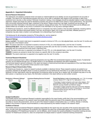 Before the Open May 9, 2017
Page 4
Appendix A - Important Information
General Research Disclaimer
The statements and statistics contained herein are based on material believed to be reliable, but are not guaranteed to be accurate or
complete. This report is for informational purposes only and is not an offer or solicitation with respect to the purchase or sale of any
investment fund, security or other product. Particular investment, trading, or tax strategies should be evaluated relative to each individual’s
objectives. Graphs and charts are used for illustrative purposes only and do not reflect future values or future performance. This document
does not provide individual financial, legal, investment or tax advice. Please consult your own legal, investment and tax advisor. All
opinions and other information in this document are subject to change without notice. The Toronto-Dominion Bank and its affiliates and
related entities are not liable for any errors or omissions in the information or for any loss or damage suffered.
TD Waterhouse Canada Inc. and/or its affiliated persons or companies may hold a position in the securities mentioned, including options,
futures and other derivative instruments thereon, and may, as principal or agent, buy or sell such securities. Affiliated persons or
companies may also make a market in and participate in an underwriting of such securities.
Full disclosures for all companies covered by TD Securities Inc. can be viewed at
https://www.tdsresearch.com/equities/welcome.important.disclosure.action
Research Ratings
Action List BUY: The stock’s total return is expected to exceed a minimum of 15%, on a risk-adjusted basis, over the next 12 months and
it is a top pick in the Analyst’s sector.
BUY: The stock’s total return is expected to exceed a minimum of 15%, on a risk-adjusted basis, over the next 12 months.
SPECULATIVE BUY: The stock’s total return is expected to exceed 30% over the next 12 months; however, there is material event risk
associated with the investment that could result in significant loss.
HOLD: The stock’s total return is expected to be between 0% and 15%, on a risk-adjusted basis, over the next 12 months.
TENDER: Investors are advised to tender their shares to a specific offer for the company’s securities.
REDUCE: The stock’s total return is expected to be negative over the next 12 months.
Technical Research Disclaimer
The opinions expressed herein reflect a technical perspective and may differ from fundamental research on these issuers. Fundamental
research can be obtained through your TD Wealth advisor or on the Markets and Research site within WebBroker.
The technical research opinions contained in this report are based on historical technical data and expectations of the most likely direction
of a market or security. No guarantee of that outcome is ever implied.
Research Report Dissemination Policy
TD Waterhouse Canada Inc. makes its research products available in electronic format. These research products are posted to our
proprietary websites for all eligible clients to access by password and we distribute the information to our sales personnel who then may
distribute it to their retail clients under the appropriate circumstances either by email, fax or regular mail. No recipient may pass on to any
other person, or reproduce by any means, the information contained in this report without our prior written consent.
Analyst Certification
The Portfolio Advice and Investment Research analyst(s) responsible for this report hereby certify that (i) the recommendations and
technical opinions expressed in the research report accurately reflect the personal views of the analyst(s) about any and all of the
securities or issuers discussed herein, and (ii) no part of the research analyst’s compensation was, is, or will be, directly or indirectly,
related to the provision of specific recommendations or views expressed by the research analyst in the research report.
Conflicts of Interest
The Portfolio Advice & Investment Research analyst(s) responsible for this report may own securities of the issuer(s) discussed in this
report. As with most other employees, the analyst(s) who prepared this report are compensated based upon (among other factors) the
overall profitability of TD Waterhouse Canada Inc. and its affiliates, which includes the overall profitability of investment banking services,
however TD Waterhouse Canada Inc. does not compensate its analysts based on specific investment banking transactions.
 