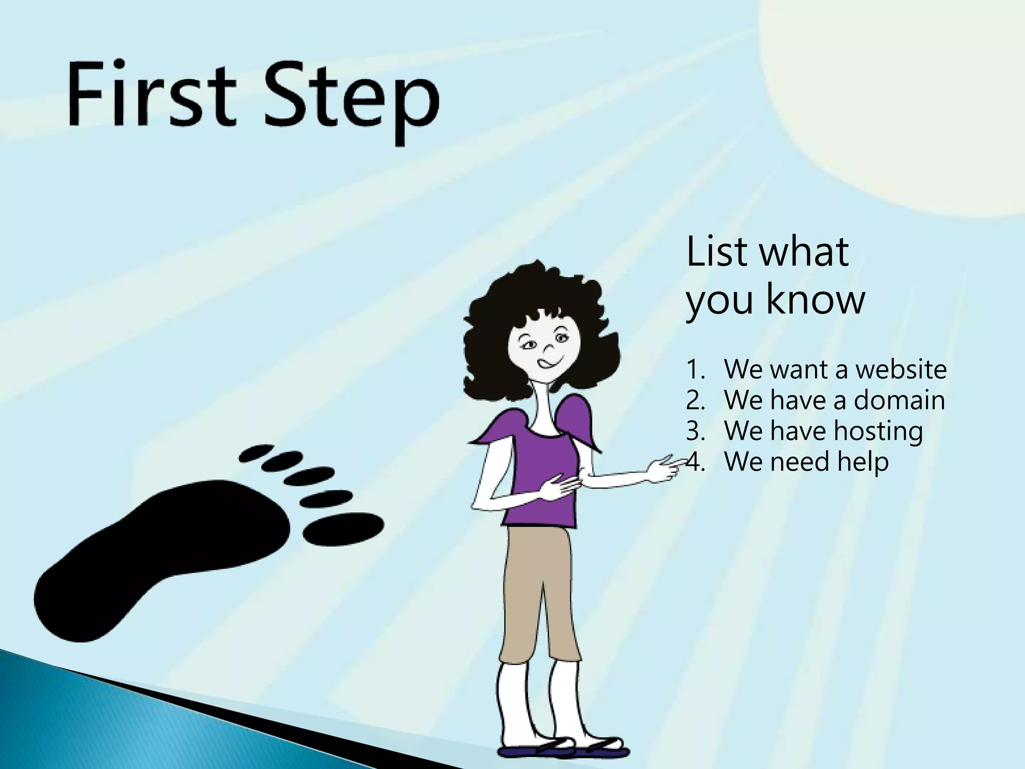 List what
you know
1. We want a website
2. We have a domain
3. We have hosting
4. We need help
 
