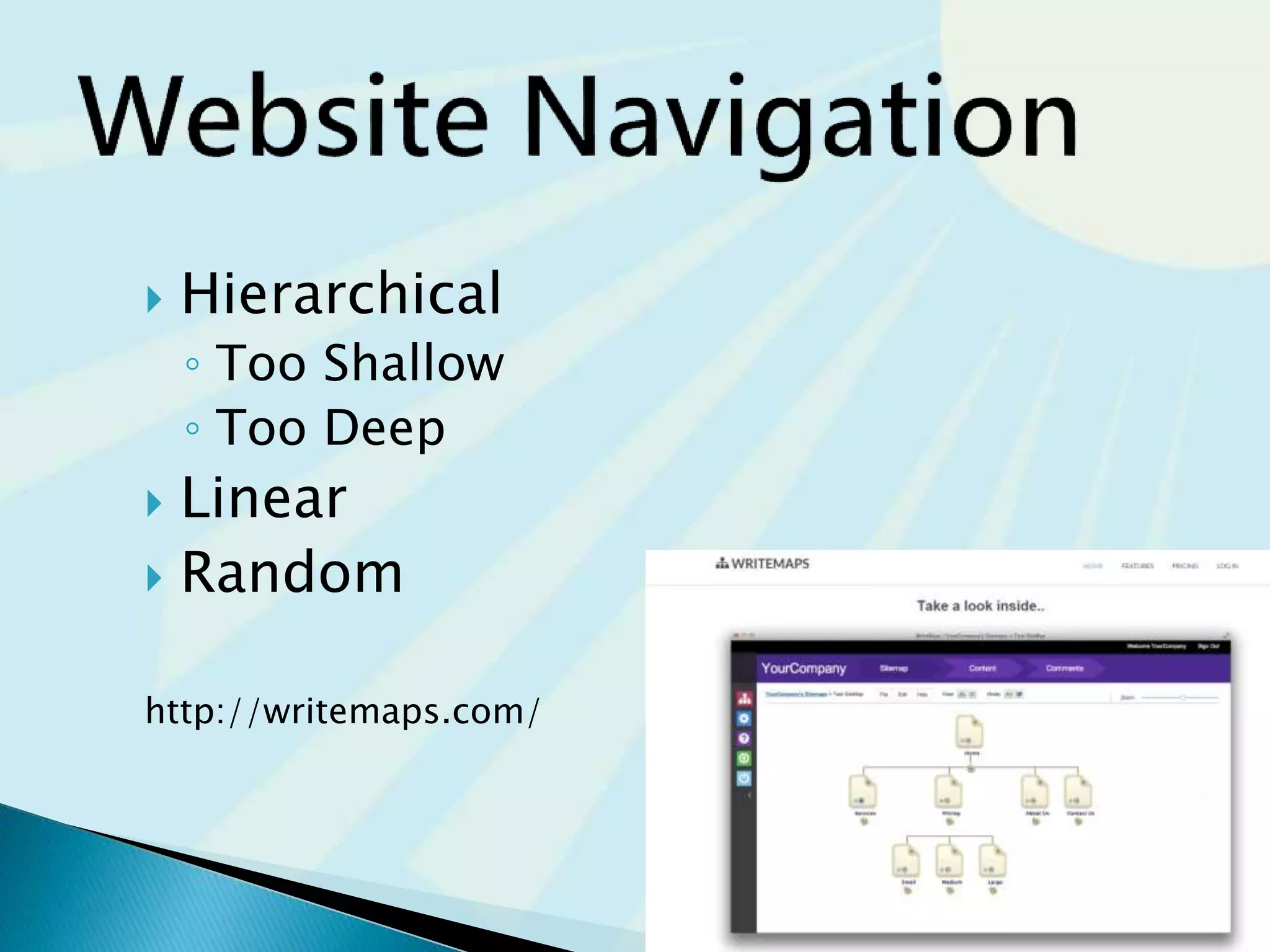 Hierarchical
◦ Too Shallow
◦ Too Deep
 Linear
 Random
http://writemaps.com/
 