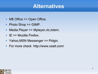 Alternatives M$ Office >> Open Office. Photo Shop >> GIMP. Media Player >> Mplayer,vlc,totem. IE >> Mozilla Firefox. Yahoo,MSN Messenger >> Pidgin. For more check  http://www.osalt.com/ 
