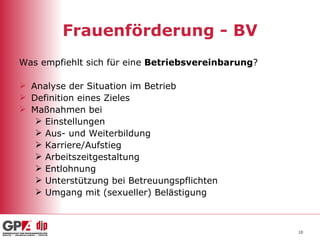 Frauenförderung - BV Was empfiehlt sich für eine  Betriebsvereinbarung ? Analyse der Situation im Betrieb Definition eines Zieles Maßnahmen bei  Einstellungen Aus- und Weiterbildung Karriere/Aufstieg Arbeitszeitgestaltung Entlohnung Unterstützung bei Betreuungspflichten Umgang mit (sexueller) Belästigung 