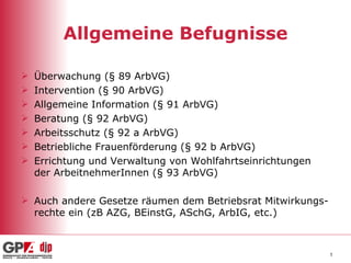 Allgemeine Befugnisse Überwachung (§ 89 ArbVG) Intervention (§ 90 ArbVG) Allgemeine Information (§ 91 ArbVG) Beratung (§ 92 ArbVG) Arbeitsschutz (§ 92 a ArbVG) Betriebliche Frauenförderung (§ 92 b ArbVG) Errichtung und Verwaltung von Wohlfahrtseinrichtungen der ArbeitnehmerInnen (§ 93 ArbVG) Auch andere Gesetze räumen dem Betriebsrat Mitwirkungs-rechte ein (zB AZG, BEinstG, ASchG, ArbIG, etc.) 