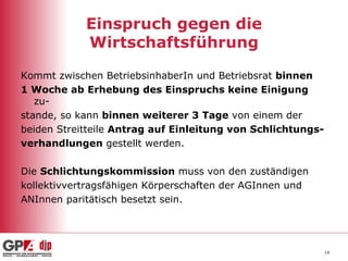 Einspruch gegen die Wirtschaftsführung Kommt zwischen BetriebsinhaberIn und Betriebsrat  binnen 1 Woche ab Erhebung des Einspruchs keine Einigung  zu- stande, so kann  binnen weiterer 3 Tage  von einem der beiden Streitteile  Antrag auf Einleitung von Schlichtungs- verhandlungen  gestellt werden. Die  Schlichtungskommission  muss von den zuständigen kollektivvertragsfähigen Körperschaften der AGInnen und ANInnen paritätisch besetzt sein.  